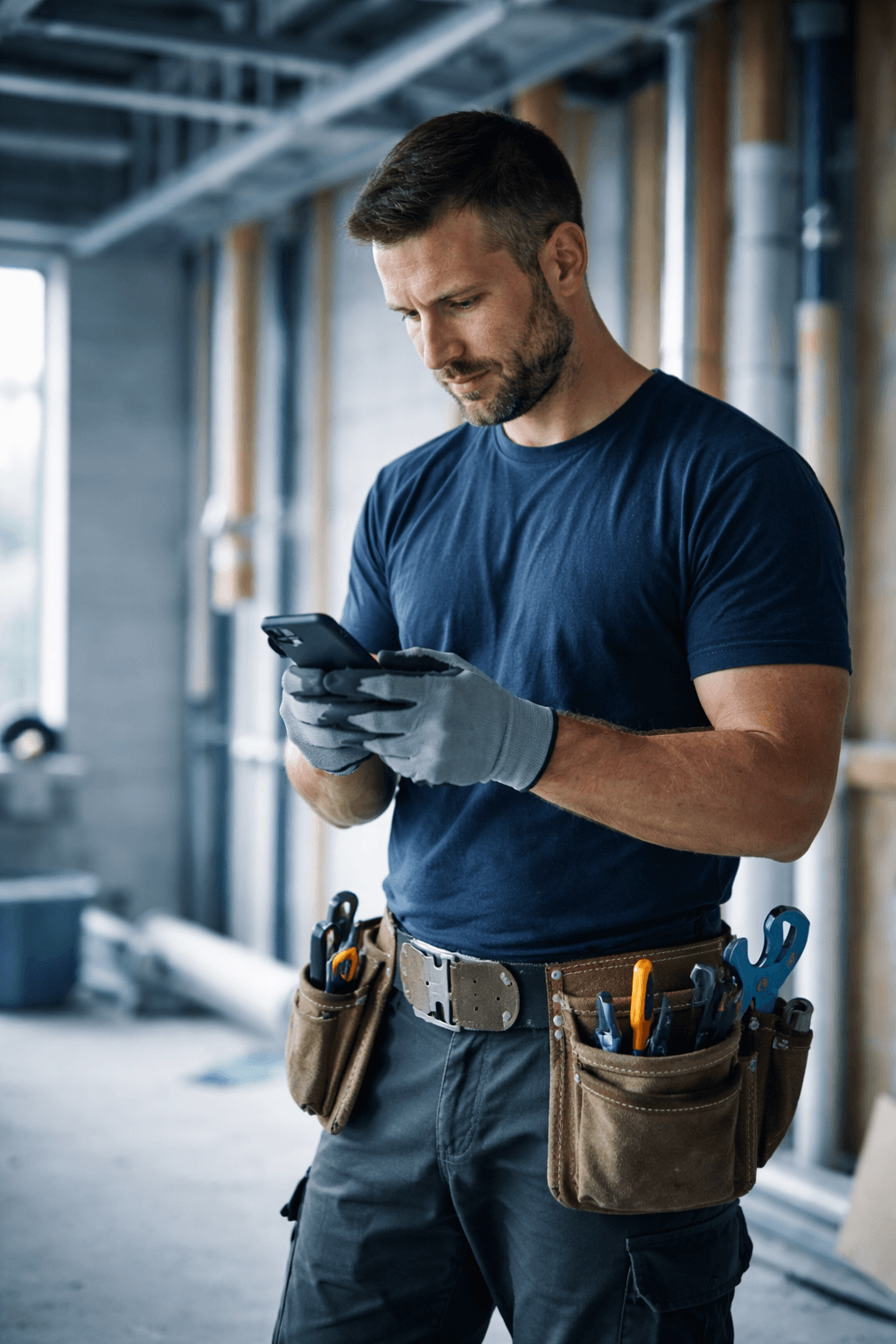 Tradesperson using phone on jobsite to order plumbing materials